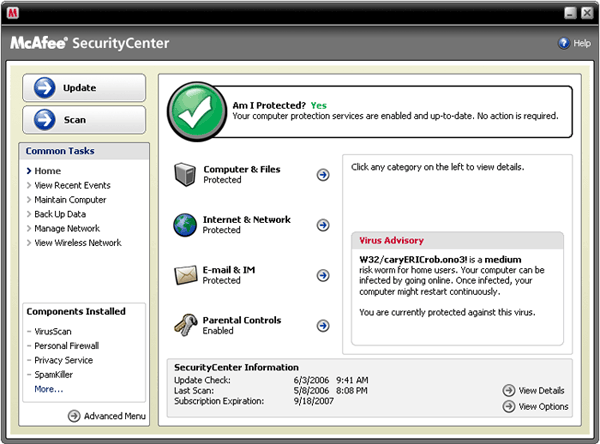 Capture d'écran de McAfee Internet Security Suite